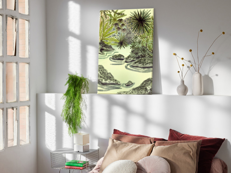 Canvas Art Print Tropical Lake - Picture Painted With Watercolor Technique in Shades of Green 150054 additionalImage 3
