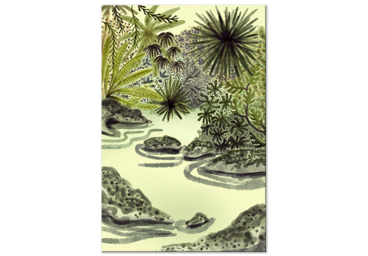 Canvas Art Print Tropical Lake - Picture Painted With Watercolor Technique in Shades of Green 150054