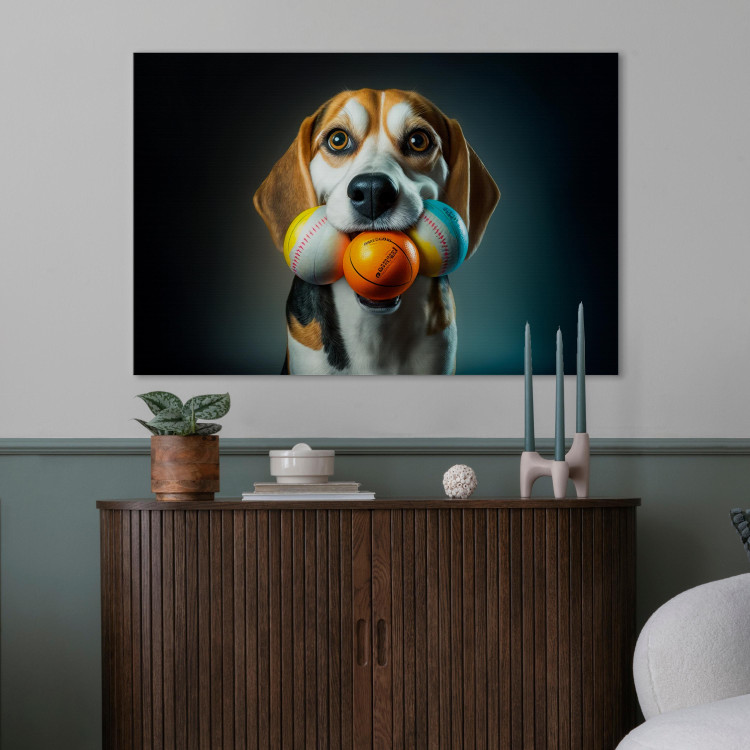 Canvas Print AI Beagle Dog - Portrait of a Animal With Three Balls in Its Mouth - Horizontal 150154 additionalImage 3