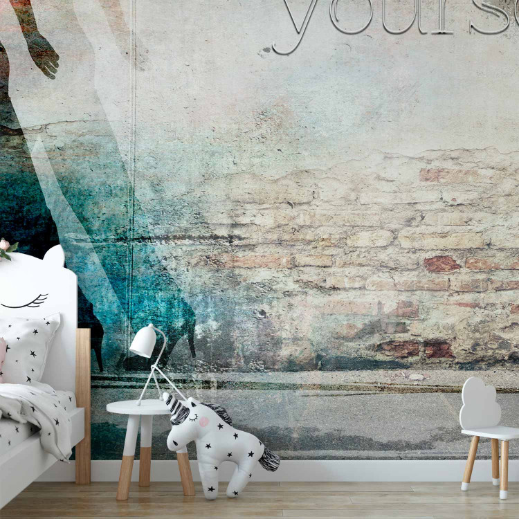 Wall Mural Feminine Silhouette - Figure with English caption on a destroyed wall background 61254