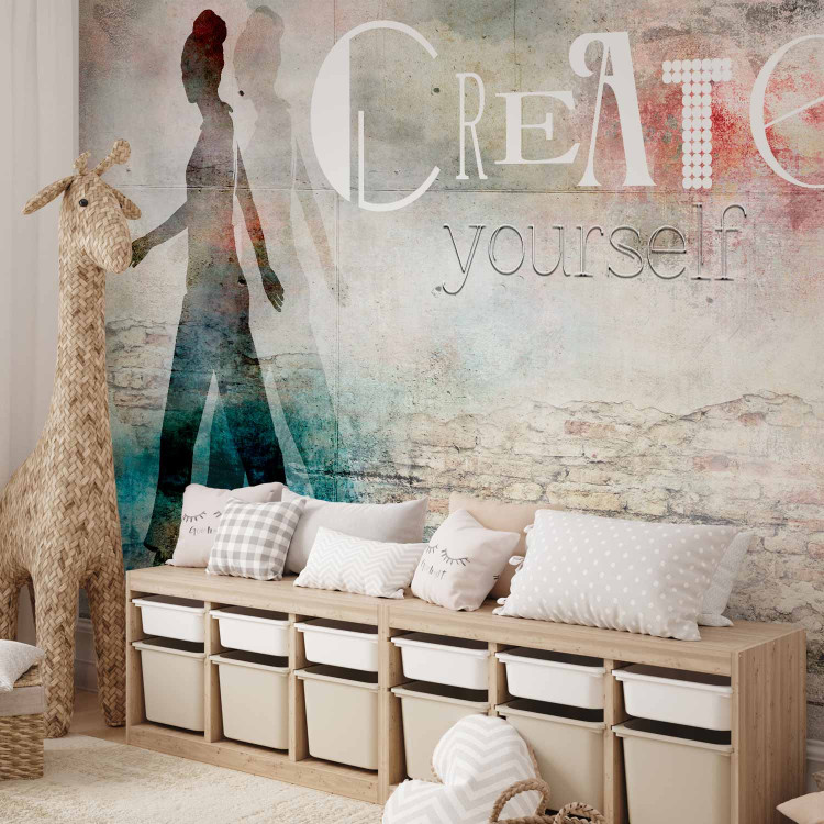 Wall Mural Feminine Silhouette - Figure with English caption on a destroyed wall background 61254 additionalImage 7