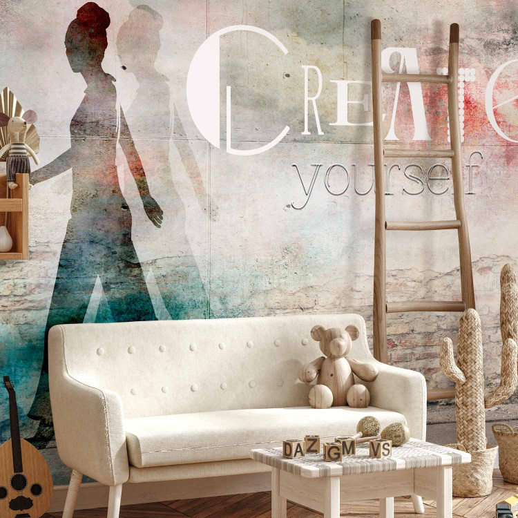 Wall Mural Feminine Silhouette - Figure with English caption on a destroyed wall background 61254 additionalImage 2