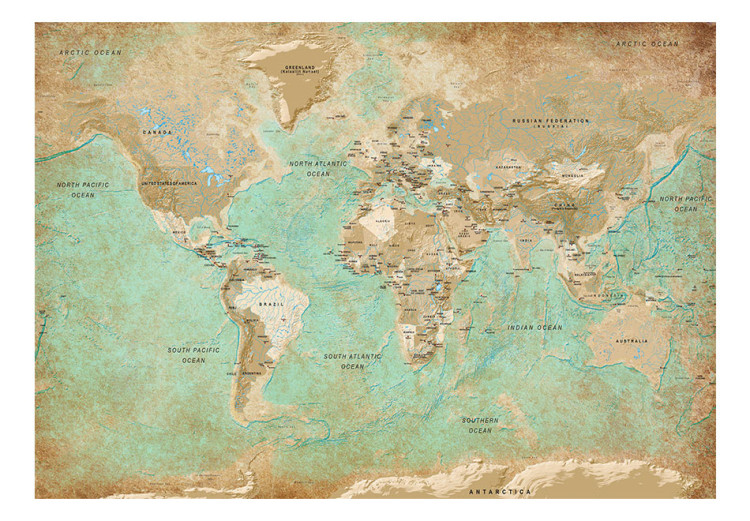 Wall Mural Turquoise world map - continents in shades of beige on a background in green 94554 additionalImage 1