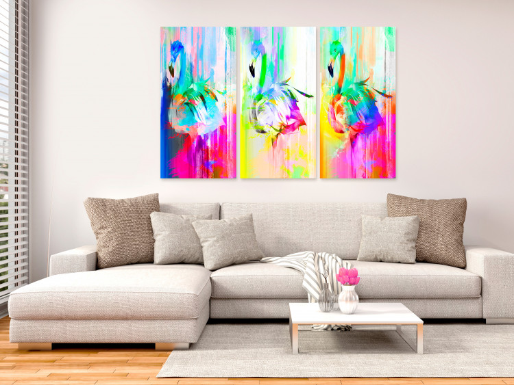 Canvas Art Print Colourful Flamingos (3 Parts) 108164 additionalImage 3