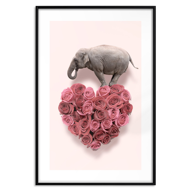 Poster Enamored Elephant - composition with a heart of roses and an animal on a pink background 118264 additionalImage 17