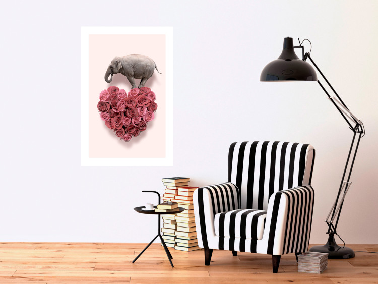 Poster Enamored Elephant - composition with a heart of roses and an animal on a pink background 118264 additionalImage 5