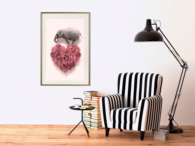 Poster Enamored Elephant - composition with a heart of roses and an animal on a pink background 118264 additionalImage 21