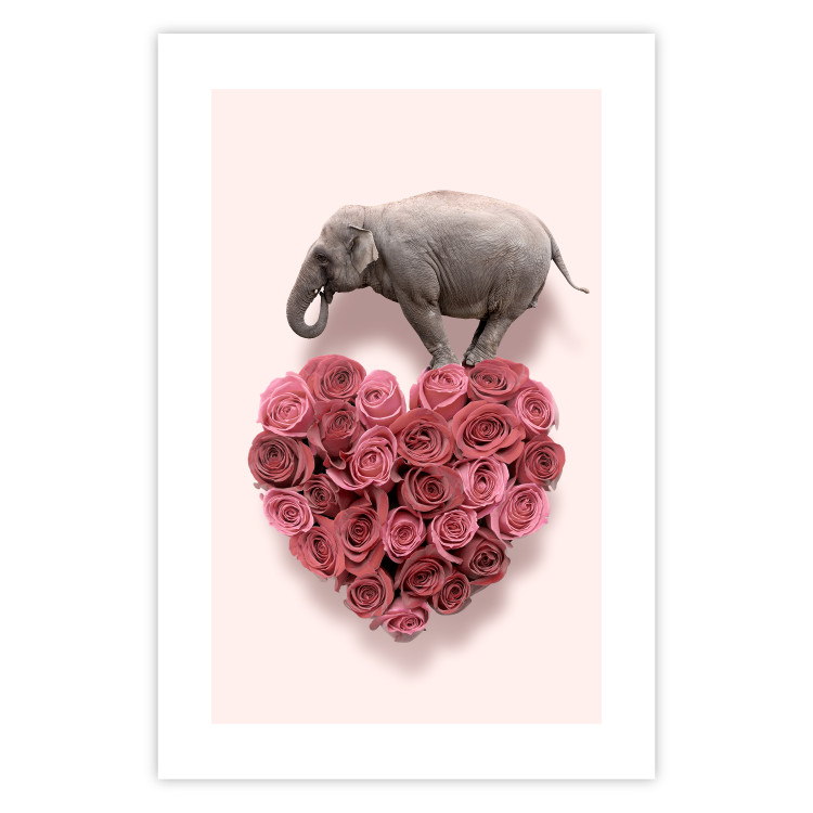 Poster Enamored Elephant - composition with a heart of roses and an animal on a pink background 118264 additionalImage 19