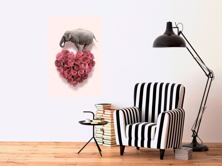 Poster Enamored Elephant - composition with a heart of roses and an animal on a pink background 118264 additionalImage 23