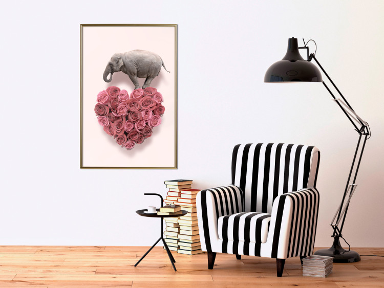 Poster Enamored Elephant - composition with a heart of roses and an animal on a pink background 118264 additionalImage 7