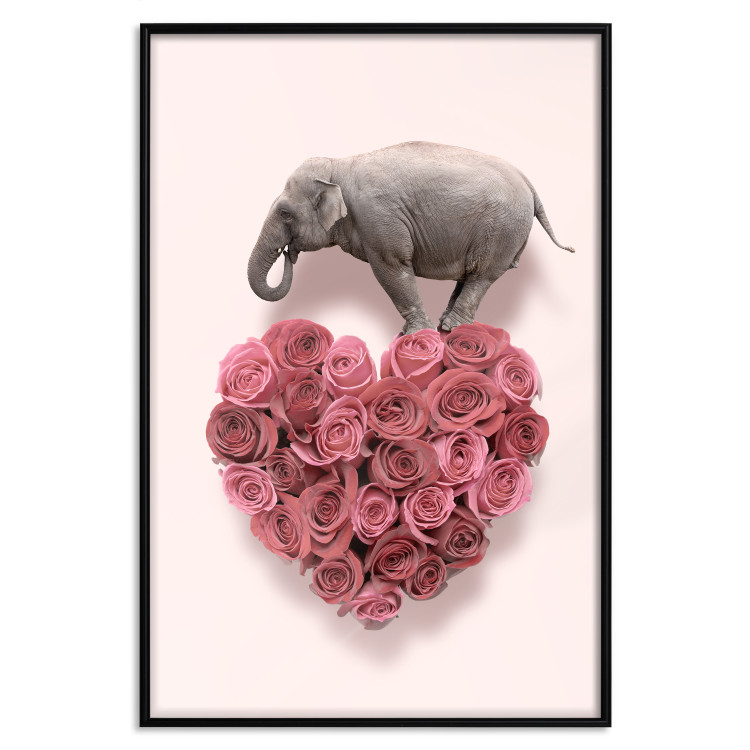 Poster Enamored Elephant - composition with a heart of roses and an animal on a pink background 118264 additionalImage 24