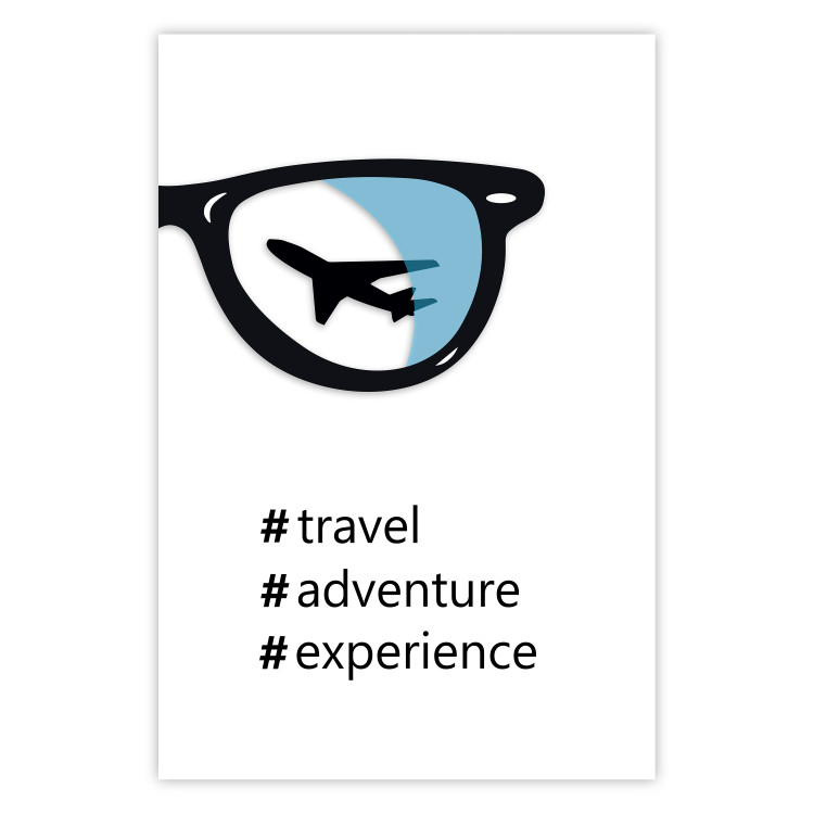Poster New Experiences - airplane in a spectacle lens with black inscriptions 122364
