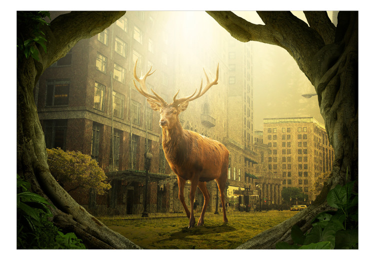 Wall Mural A deer walking through the city - an animal on the background of urban architecture 128764 additionalImage 1