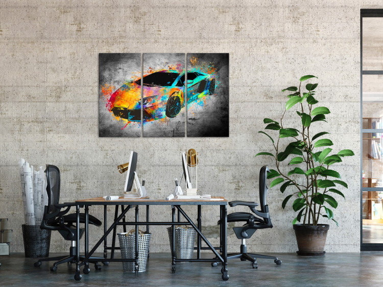 Canvas Art Print Aerodynamics (3-piece) - abstract car on a black background 129864 additionalImage 3