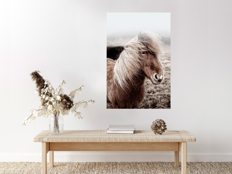 Wall Poster Against the Wind - brown horse with mane against a field backdrop and intense fog 130264 additionalImage 2