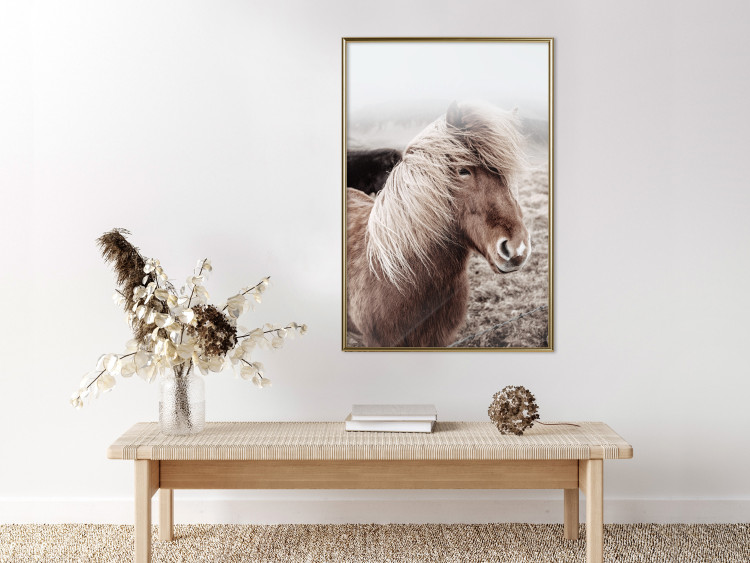 Wall Poster Against the Wind - brown horse with mane against a field backdrop and intense fog 130264 additionalImage 5
