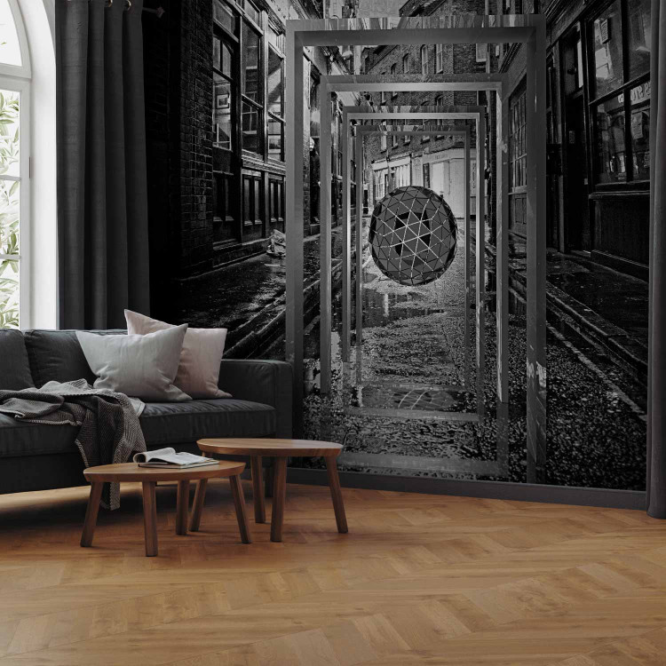 Wall Mural Narrow street - black and white fantasy with street architecture and 3D effect 134664