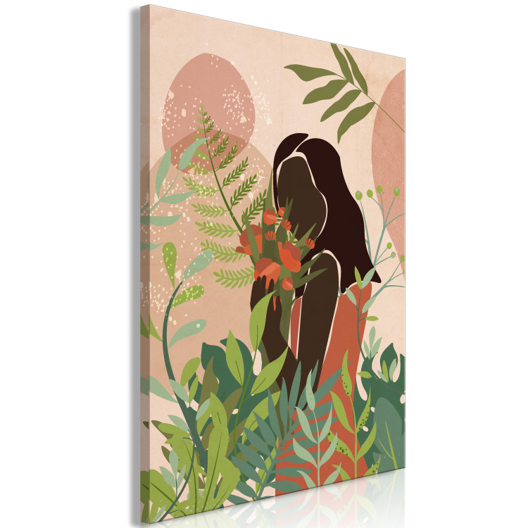 Canvas Art Print Woman in Green (1-piece) Vertical - colorful plants on pink background 138864 additionalImage 2