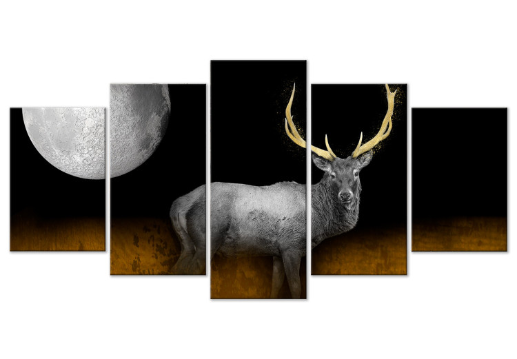 Canvas Golden Antlers (5-piece) Wide - silver stag and moon at night 143264