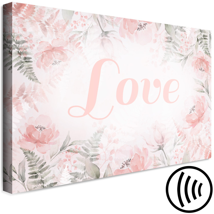 Canvas Print Love (1-piece) - love inscription on a pink background with flowers and leaves 144764 additionalImage 6