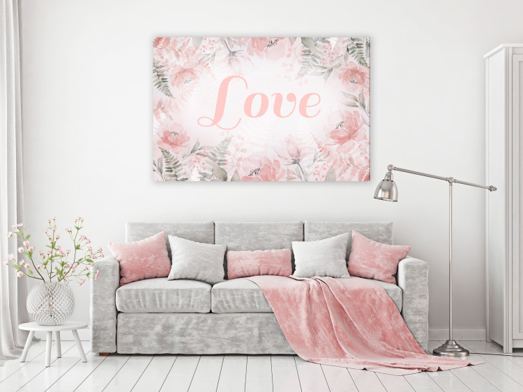 Canvas Print Love (1-piece) - love inscription on a pink background with flowers and leaves 144764 additionalImage 3