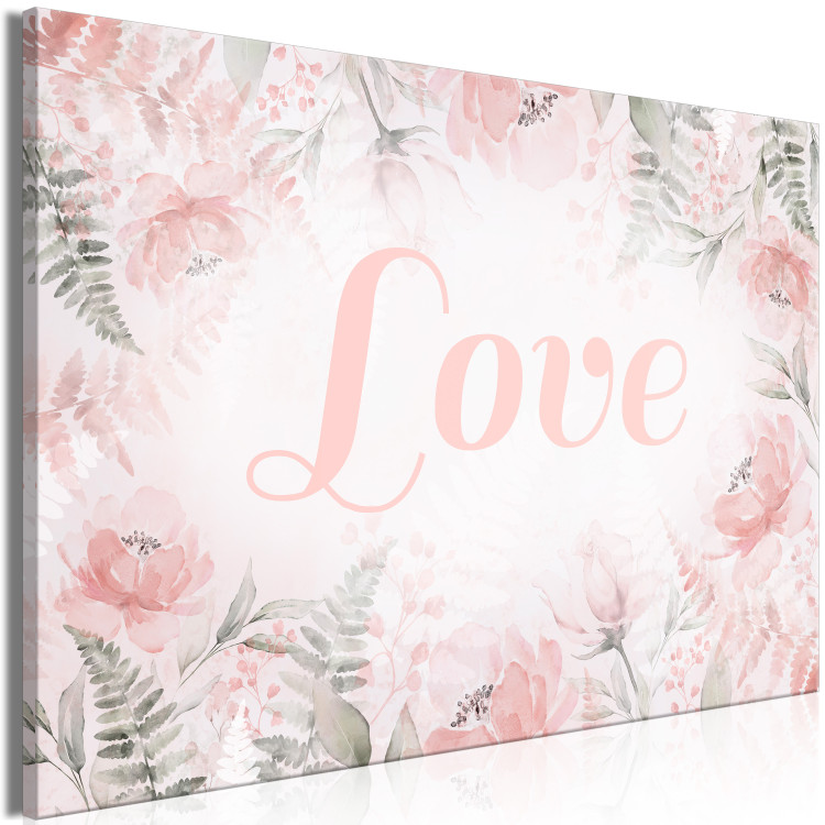 Canvas Print Love (1-piece) - love inscription on a pink background with flowers and leaves 144764 additionalImage 2