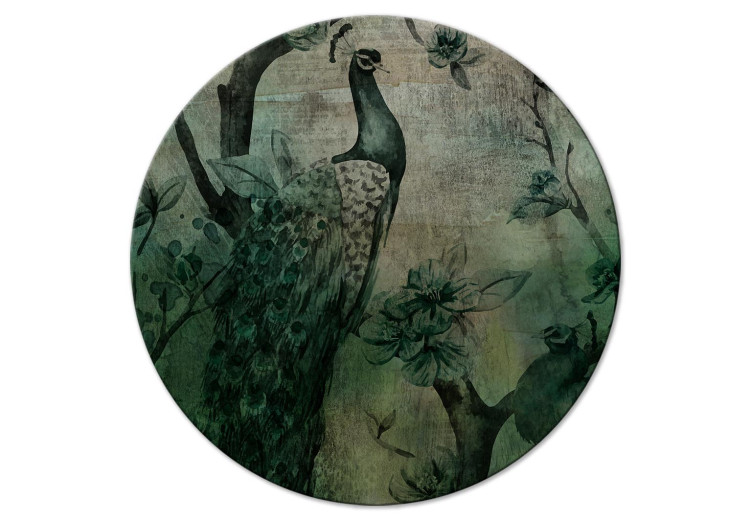 Round Canvas Watercolor Peacocks - Decorative Birds on Flowering Branches 148664