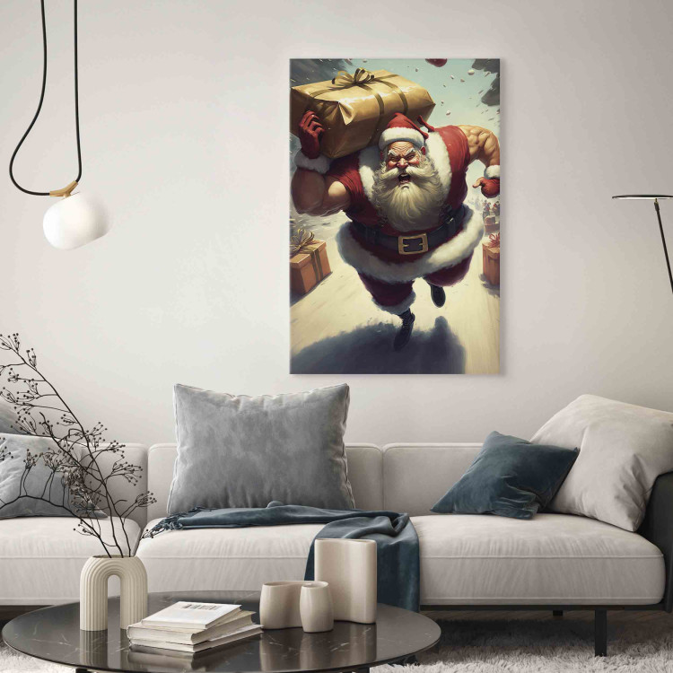 Canvas Art Print Christmas Madness - Muscular Santa Claus Carrying a Big Gift 151864 additionalImage 9
