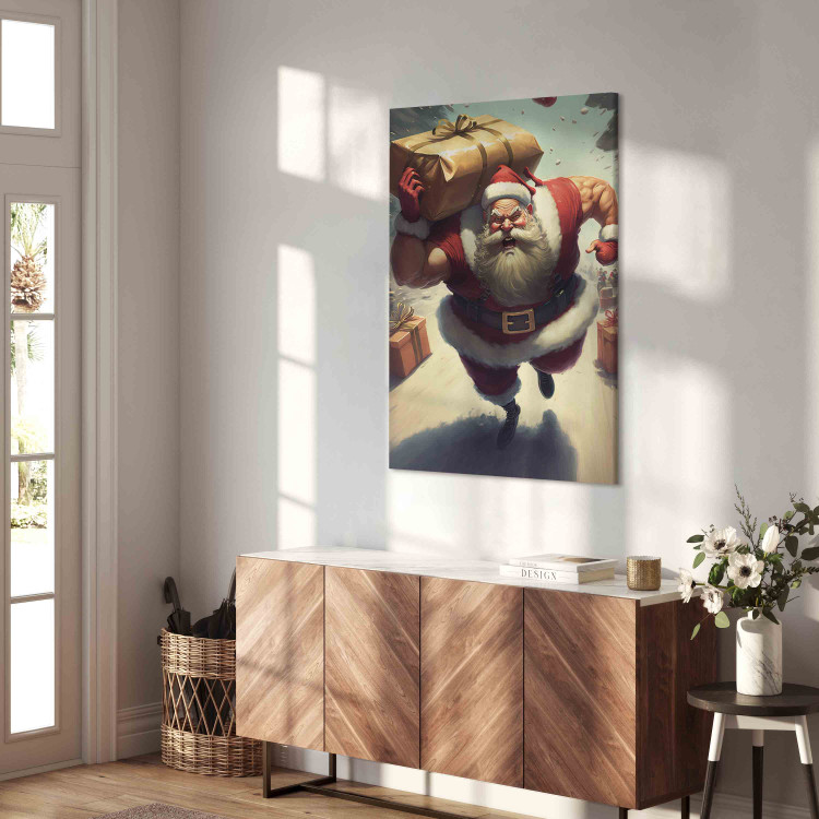 Canvas Art Print Christmas Madness - Muscular Santa Claus Carrying a Big Gift 151864 additionalImage 10