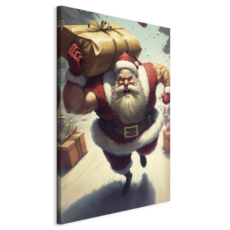 Canvas Art Print Christmas Madness - Muscular Santa Claus Carrying a Big Gift 151864 additionalImage 2