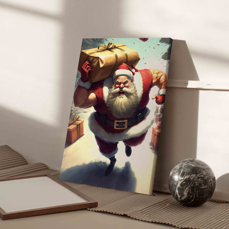 Canvas Art Print Christmas Madness - Muscular Santa Claus Carrying a Big Gift 151864 additionalImage 5