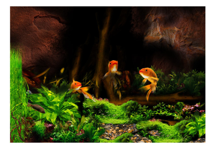 Photo Wallpaper Marine World - Three golden fish in a dark cave with green flora 61264 additionalImage 1