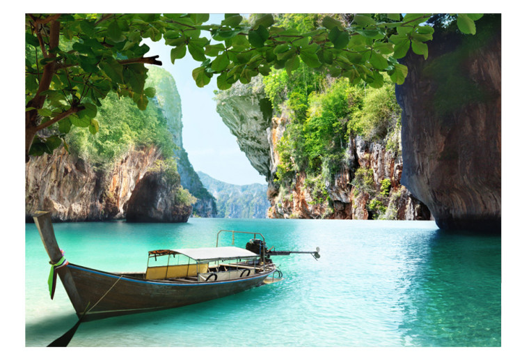 Photo Wallpaper Abandoned Boat - Tropical Landscape with a Boat amidst Rocky Cliffs 61664 additionalImage 1