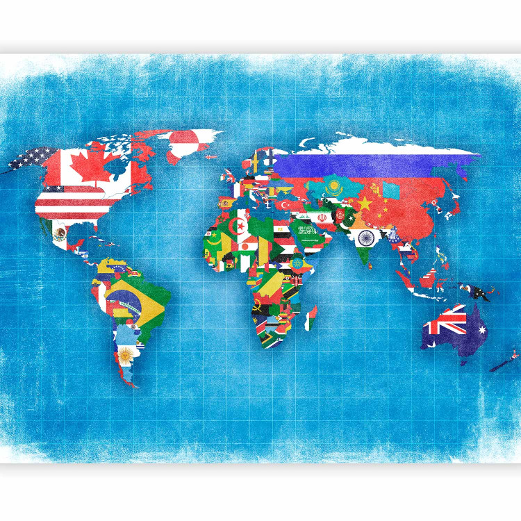 Wall Mural World map - motif of continents in flag colours on a blue background 96764 additionalImage 1