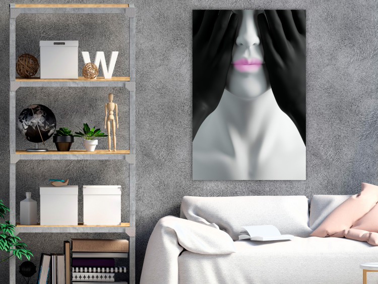 Canvas Art Print Pink Lips - Black and white portrait of the blindfolded figure 116974 additionalImage 3