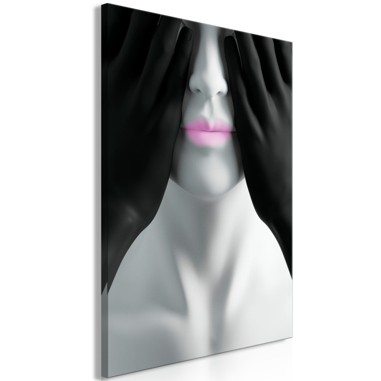 Canvas Art Print Pink Lips - Black and white portrait of the blindfolded figure 116974 additionalImage 2