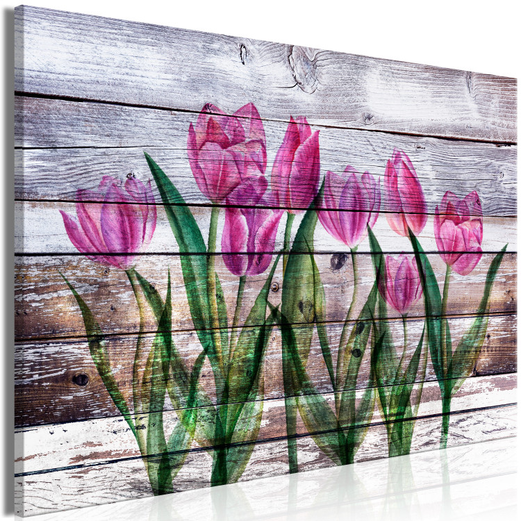 Canvas Art Print Spring Poetry (1-part) wide - tulips on a wooden background 128774 additionalImage 2