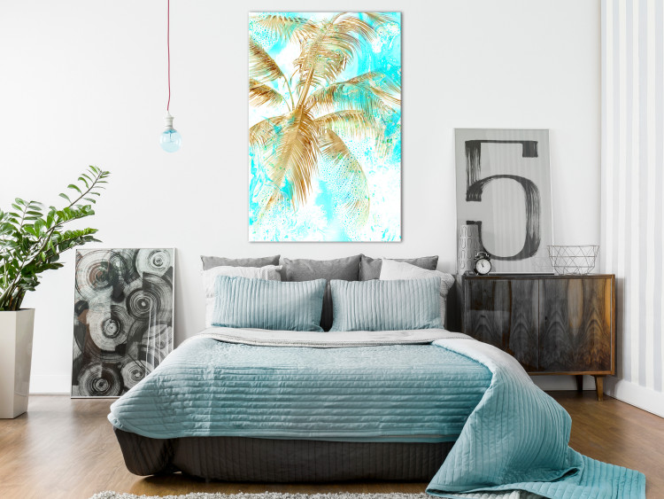 Canvas Art Print Golden palm leaves - tropical landscape on a blue background 131674 additionalImage 3