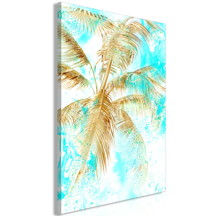 Canvas Art Print Golden palm leaves - tropical landscape on a blue background 131674 additionalImage 2