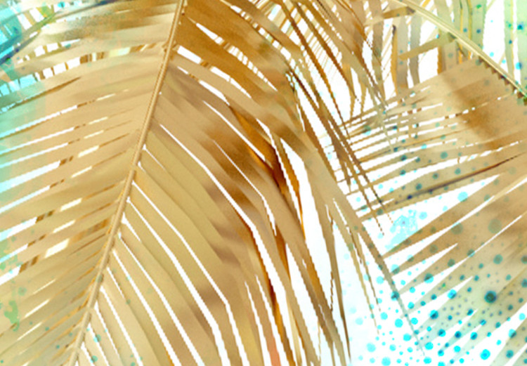 Canvas Art Print Golden palm leaves - tropical landscape on a blue background 131674 additionalImage 5