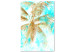 Canvas Art Print Golden palm leaves - tropical landscape on a blue background 131674