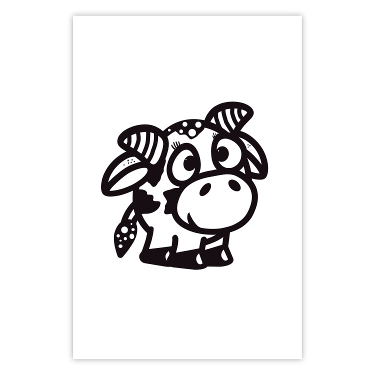 Wall Poster Happy Cow - black small and cute animal on a solid white background 135174