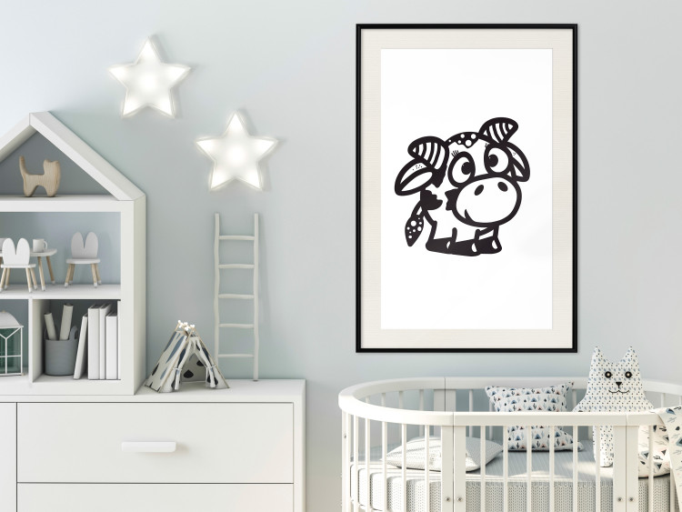Wall Poster Happy Cow - black small and cute animal on a solid white background 135174 additionalImage 12