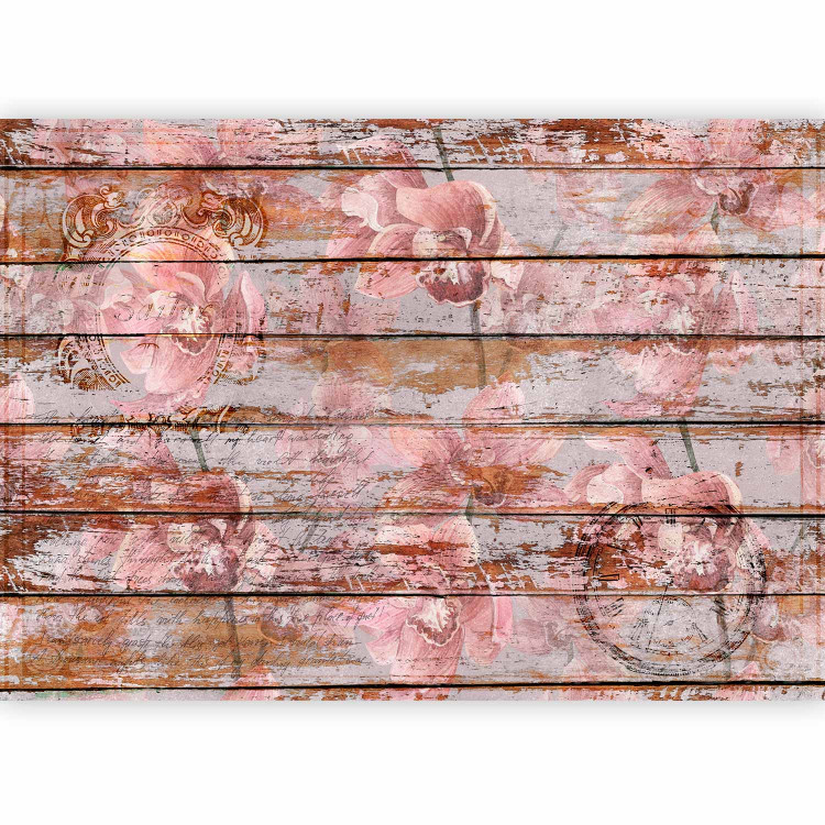 Photo Wallpaper Painted orchids - floral motif on a background of old wooden boards 142774 additionalImage 1