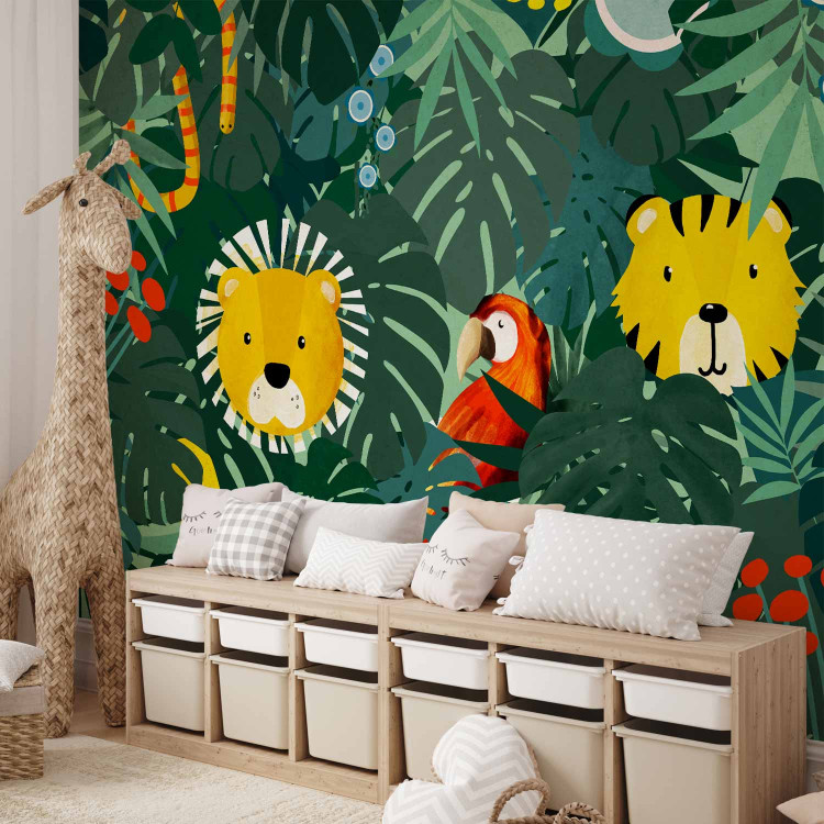 Photo Wallpaper Jungle - animal motif on background with green leaves and red parrot 143574 additionalImage 4