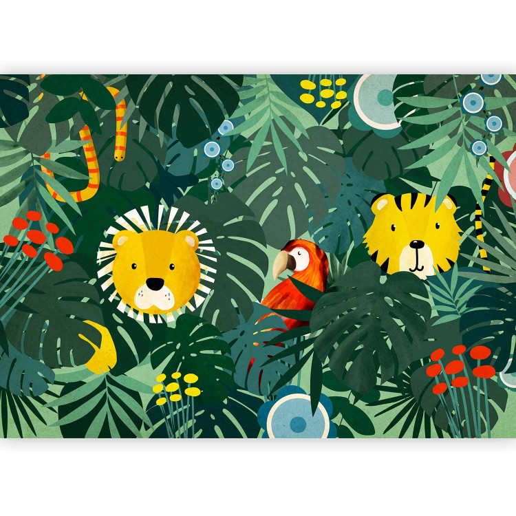 Photo Wallpaper Jungle - animal motif on background with green leaves and red parrot 143574 additionalImage 5