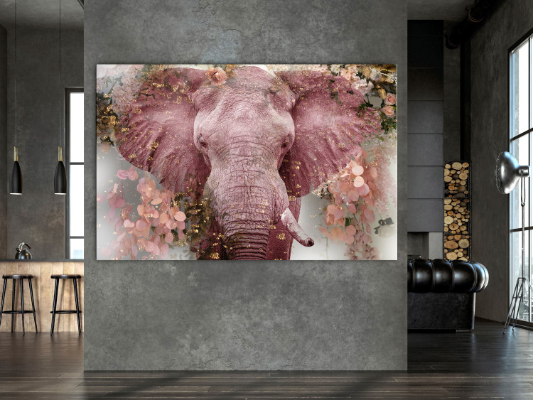 Canvas Art Print Pink Elephant (1-piece) - king of the savannah in flowers and gold petals 144974 additionalImage 3