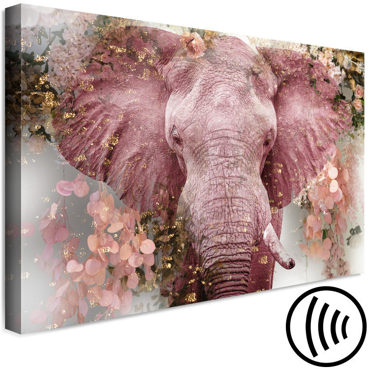Canvas Art Print Pink Elephant (1-piece) - king of the savannah in flowers and gold petals 144974 additionalImage 6