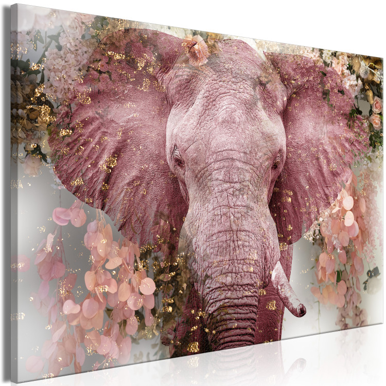 Canvas Art Print Pink Elephant (1-piece) - king of the savannah in flowers and gold petals 144974 additionalImage 2
