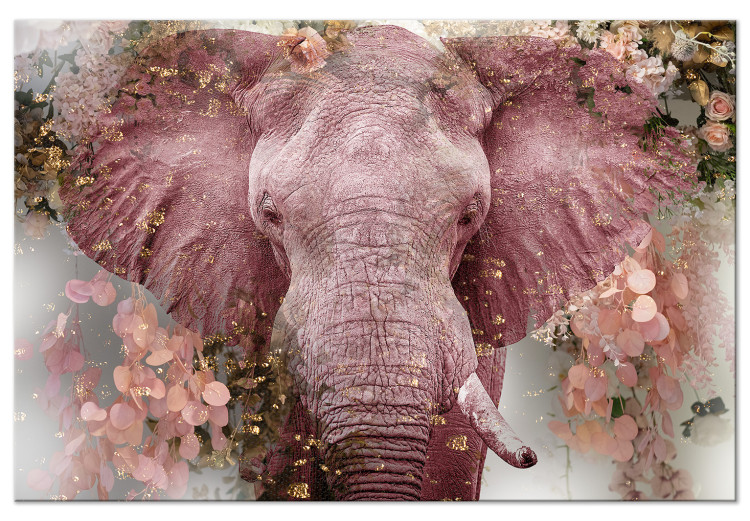 Canvas Art Print Pink Elephant (1-piece) - king of the savannah in flowers and gold petals 144974